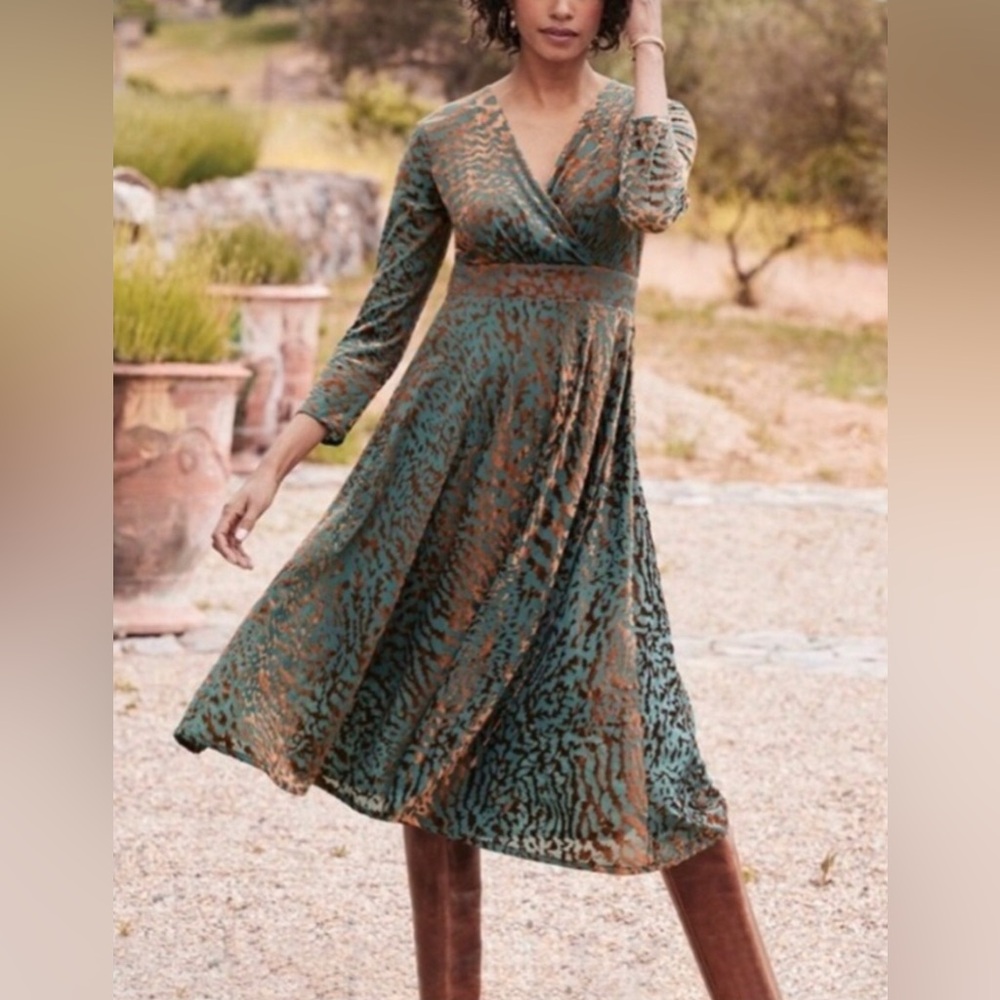 Soft Surroundings Burnout Velvet Shae Midi Dress Teal Copper Long Sleeve
